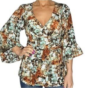 Betsey Johnson Brown Rust Aqua Abstract Print Tie Back Bell Sleeve Blouse Size S